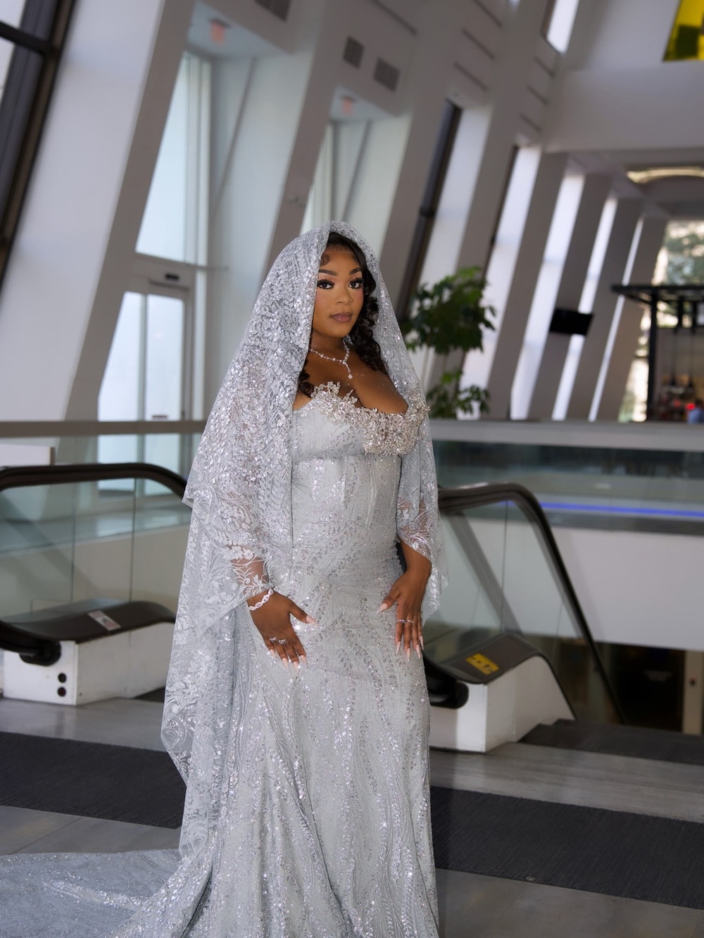Elegant Silver Sequin Prom Gown with Matching Hooded Cape